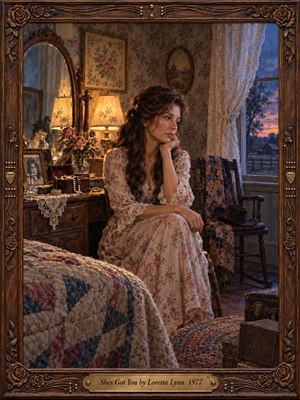 A wistful woman in a pale floral dress sits alone in a vintage country bedroom, surrounded by roses, a vanity mirror, lace, and patchwork quilts. Warm amber lamplight contrasts with blue dusk beyond the window. Richly textured oil painting and an ornate carved wooden frame evoke lingering love, memory, and quiet heartbreak.