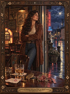 A pensive woman in a brown coat stands at a country lounge doorway, gazing into a rainy small-town night. Warm amber jukebox light meets cool blue moonlight and crimson neon reflections. A whiskey glass, lipstick, and faded rose suggest loneliness. Textured oil brushwork and an ornate carved wooden frame deepen the nostalgic mood.
