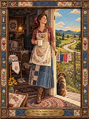 A self-assured country woman in a floral apron stands at a farmhouse doorway, looking toward sunlit hills and a winding road. A dim, quilt-filled interior contrasts with bright fields and a resting dog. Stitched denim, embroidered flowers, warm reds, golden light, and a carved wooden frame evoke newfound freedom.