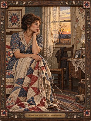 A wistful woman in a faded blue floral dress sits beside a farmhouse window, holding a fraying patchwork quilt. Golden sunset light illuminates lace curtains, an empty chair, and a family photograph. Intricate embroidery, muted reds, blues, and creams, and an ornate carved wooden frame evoke heartbreak, loneliness, and fading domestic warmth.