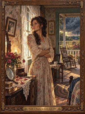 A solemn woman in a lace-trimmed floral dress stands beside a sunlit window in a nostalgic country bedroom. Fallen rose petals, a cracked mirror, and a tilted wedding portrait hint at heartbreak. Beyond an empty porch rocker, storm clouds gather over golden fields. Rich oil-painted textures glow within carved walnut framing.