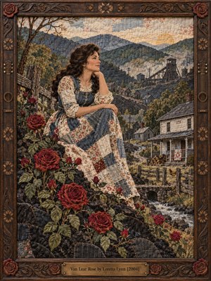 A thoughtful country woman in a patchwork dress sits among crimson roses overlooking an Appalachian coal town. Quilted mountains, weathered cottages, a winding creek, and distant mine structures unfold beneath soft golden light. Rich denim blues, earthy browns, and embroidered textures evoke resilience, heritage, and nostalgic warmth within an ornate carved wooden frame.