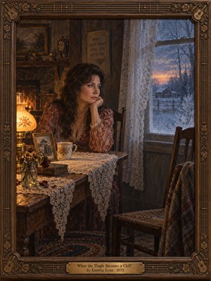 A pensive woman sits alone at a lace-covered table in a rustic farmhouse, gazing toward a frosted winter window. Amber lamplight warms faded roses, a framed photograph, and wooden furnishings, while icy blue twilight surrounds an empty chair. Richly textured oil painting and an ornate guitar-carved frame deepen the quiet heartbreak.