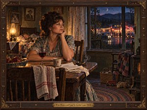 A weary woman gazes toward distant honky-tonk lights from her rustic farmhouse kitchen, surrounded by sleeping children, scattered letters, and domestic comforts. Warm amber lamplight contrasts with cool blue twilight and glowing red neon. Rich oil painting textures evoke loneliness, resilience, and longing, enclosed within an ornate wooden guitar-inspired frame.