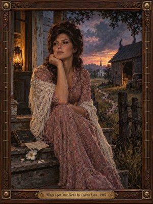 A pensive woman in a rose floral dress and cream shawl sits on weathered farmhouse steps at dusk. Amber lantern light contrasts with violet clouds above a distant church and dark barn. A fallen white flower and worn Bible suggest heartbreak and lost innocence. Richly textured oil brushwork fills an ornate walnut-and-brass frame.