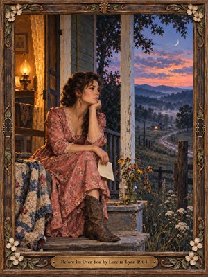 A wistful woman in a faded rose dress sits on weathered farmhouse steps, holding a letter as she watches a winding road disappear into misty hills. Amber lamplight warms the porch against violet and coral twilight. Wildflowers, a patchwork quilt, and an ornate carved wooden frame enrich the nostalgic oil painting.