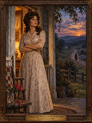 A resolute woman in a floral dress stands with folded arms on a weathered farmhouse porch, watching a distant figure depart along a winding road. Warm lamplight contrasts with violet-orange sunset skies above blue hills. Fallen rose petals and an ornate walnut-and-brass frame enrich the nostalgic, emotionally charged oil painting.