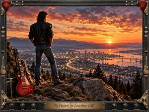 A lone man in a black leather jacket overlooks a glowing city at sunset from a rocky mountain ledge, with a red electric guitar beside him. Fiery orange clouds, distant mountains, water, bridges, and winding lights create an expansive, hopeful mood framed by detailed rock-themed metalwork and controls.