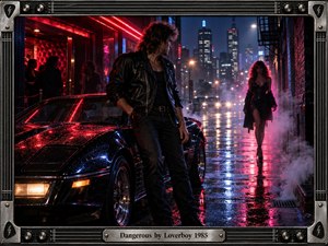 A rain-soaked 1980s city street glows with red, blue, and magenta neon as a leather-clad man stands beside a sleek black sports car, watching a mysterious woman approach through steam. Cinematic photographic realism, wet reflections, deep perspective, chrome details, dramatic shadows, and an amplifier-inspired metal frame create seductive tension and nocturnal danger.