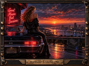 A leather-clad woman sits on a rain-slick muscle car above a glowing city at sunset, surrounded by vivid neon reflections and stormy skies. Warm orange light contrasts with deep blues and blacks, creating a cinematic rock atmosphere. Guitar-inspired framing, metal details, symbolic signs, and an engraved title plate enhance the nostalgic mood.