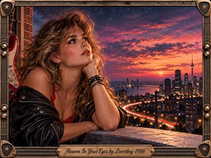 A glamorous woman in a black leather jacket gazes dreamily over a glowing city skyline at sunset. Warm orange, pink, and violet clouds contrast with deep blue shadows, while highway light trails add movement. A richly detailed guitar-inspired metallic frame and engraved title plate reinforce the romantic 1980s rock atmosphere.