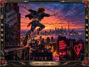 A leather-clad rocker leaps from a rooftop above a glowing city skyline at sunset, capturing restless energy and fearless momentum. Fiery orange and purple clouds contrast with neon lights, reflective water, and gritty urban textures. An ornate guitar-inspired frame, rock symbols, graffiti, and engraved title plate reinforce the dramatic 1980s atmosphere.