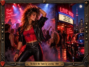A glamorous rocker dances outside a smoky neon nightclub as crowds, live music, and a gleaming muscle car energize the rain-slicked city night. Saturated reds, blues, and magentas create a fiery 1980s atmosphere, while dramatic spotlights, leather textures, guitar-inspired framing, and Toronto skyline details reinforce the bold arena-rock mood.