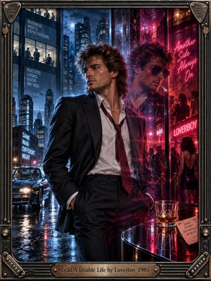 A sharply dressed man stands between two contrasting nighttime worlds, one cool blue and corporate, the other glowing red with nightlife and temptation. Rain-slicked streets, neon reflections, mirrored identity, distant skyscrapers, and dramatic cinematic lighting create tension and secrecy. An ornate amplifier-inspired metal frame completes the polished 1980s photographic style.