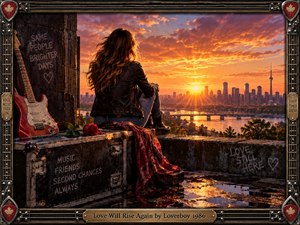 A woman in a black leather jacket sits on a rooftop overlooking a glowing city sunrise, surrounded by a red electric guitar, road case, rose, and draped scarf. Warm orange light reflects across wet pavement, creating a hopeful, cinematic rock atmosphere framed by rugged guitar-inspired metalwork.
