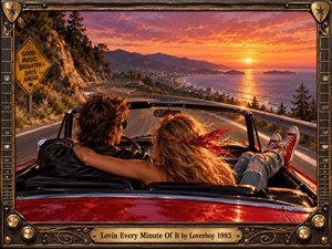 A young couple rides through a glowing coastal sunset in a red convertible, surrounded by sweeping cliffs, ocean views, and distant city lights. Warm orange, pink, gold, and violet tones create an exhilarating romantic mood, while the richly detailed painted style and guitar-inspired frame evoke energetic 1980s rock nostalgia.