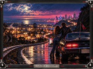 A young couple leans beside a black muscle car above a rain-slicked coastal city, watching neon highways curve toward a glowing skyline beneath a dramatic moonlit sky. Deep blues, magentas, and amber reflections create a romantic, restless 1980s cinematic mood, framed with sleek metal, amplifier-inspired details, and a polished engraved title plate.