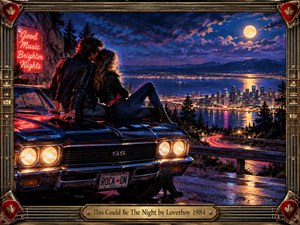 A young couple sits close on a black muscle car above a glowing waterfront city, framed by moonlit mountains and a winding ribbon of red taillights. Deep blues, violet clouds, warm reflections, and neon accents create a romantic 1980s rock atmosphere within an ornate guitar-inspired metallic frame.