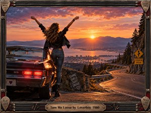 A woman raises her arms beside a classic muscle car on a mountain overlook at sunset, facing a glowing city, water, and distant peaks. Warm orange light, dramatic clouds, a winding road, and rock-themed frame details create an energetic 1980s mood of freedom, rebellion, motion, and release.
