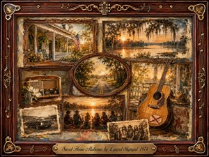 A nostalgic Southern collage glows with warm amber, sepia, and weathered brown tones, framed in carved rosewood with gold musical inlays. Faded scenes of a porch, winding highway, sunset lake, vintage car, radio, acoustic guitar, and gathering friends evoke homecoming, freedom, and memory through richly textured painterly light.