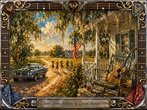 Warm golden light bathes a rural Alabama farmhouse, winding dirt road, vintage blue car, and distant dancers beneath moss-draped trees. An acoustic guitar and old radio rest on the porch, creating a joyful homecoming mood. Rich impressionist oil textures, vivid greens, blues, and amber tones are framed by ornate musical chrome and gold details.