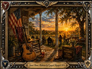 A warm Southern sunset frames a rustic Alabama porch where an acoustic guitar, rocking chair, American flag, cowboy boots, and musicians evoke relaxed homecoming nostalgia. Golden light floods the countryside beneath sprawling trees, while rich amber, brown, black, and brass tones enhance the detailed painterly style and ornate music-themed frame.