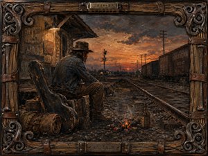 A weary drifter rests beside railroad tracks at sunset, surrounded by a battered guitar case, bedroll, embers, and weathered depot buildings. Rust, brown, denim blue, and fiery orange create a melancholy Southern atmosphere. Rich oil-painted textures, dramatic twilight lighting, receding rails, freight cars, and an ornate handcrafted frame reinforce restless freedom and solitude.