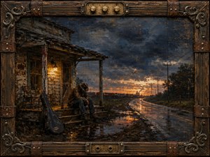 A weary lone figure sits outside a weather-beaten Southern roadhouse after a storm, beside a battered guitar case and glowing porch lamp. A wet highway leads toward a golden horizon beneath heavy blue-gray clouds. Rich oil-like textures, rusted earth tones, reflective puddles, and an ornate guitar-inspired frame deepen the melancholy atmosphere.