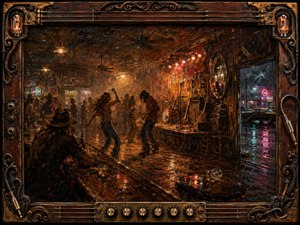 A smoky Southern roadhouse glows with amber stage lights as dancers move across worn wooden floors beside a cluttered bar and quiet instrument stage. Rainy neon reflections shimmer through the open doorway. Rich oil-and-wax textures, deep browns, reds, and blues create a gritty, soulful atmosphere, enclosed by an intricate vintage amplifier-inspired frame.