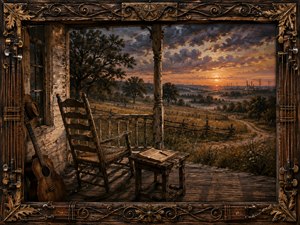 A weathered Southern porch overlooks rolling fields at sunset, where an empty rocking chair, leaning guitar, and open notebook evoke memory and quiet loss. Warm amber light washes across rustic wood, misty fences, and distant industry beneath blue-gray clouds, all framed by ornate carved timber, brass hardware, strings, and wrought scrollwork.
