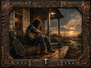 A weary musician sits on a rain-darkened rural porch at sunset, cradling a battered guitar beside a worn case and bottle. Warm amber lamplight contrasts with blue-gray storm clouds, wet boards, and a distant road. Rich impasto textures, weathered wood, copper, strings, knobs, and ornate metalwork create a nostalgic handcrafted frame.