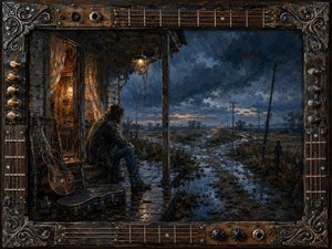 A solitary man sits on a rain-darkened rural porch, gazing toward a winding muddy road beneath a stormy blue-gray twilight sky. Warm amber light spills from the weathered house, contrasting with the cold landscape. Painterly textures, reflective puddles, a worn guitar, and an ornate instrument-inspired frame deepen the melancholy Southern-rock atmosphere.