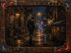 A lone figure in a worn leather jacket moves through a rain-slicked back alley glowing with amber streetlights and faint red-blue neon reflections. Deep shadows, wet brick, steam, dumpsters, and a wary stray animal create a tense nocturnal mood. Thick painterly textures and an intricate guitar-and-metal frame reinforce the gritty Southern-rock atmosphere.