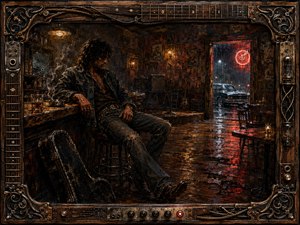 A brooding young drifter lounges in a rain-darkened Southern juke joint, surrounded by worn wood, cigarette haze, whiskey, and a battered guitar case. Amber lamps and crimson neon reflections cut through deep blues and browns, while expressive oil-and-encaustic textures and an ornate guitar-and-amplifier frame reinforce the gritty blues-rock mood.