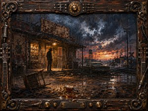 A lone shadowed figure stands outside a weathered roadside roadhouse at stormy dusk, surrounded by wet tracks, a vintage car, shattered glass, and an overturned chair. Warm amber windows contrast with steel-blue clouds and fiery sunset reflections. Textured oil-and-charcoal styling and a rugged guitar-and-brass frame deepen the tense Southern gothic mood.