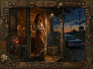 A confident woman stands in the doorway of a weathered Southern juke joint at twilight, framed by warm amber interior light and cool indigo dusk. A vintage car, railroad tracks, porch vines, moths, and cracked glass deepen the nostalgic mood. Rich painterly textures and an ornate musical frame evoke handcrafted Southern rock melancholy.