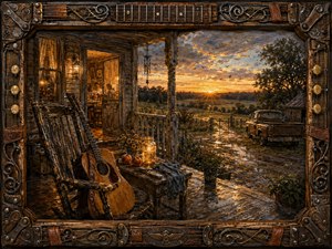 A weathered farmhouse porch glows beneath a dramatic Southern sunset, where an acoustic guitar, rocking chair, mason jar, peaches, and rain-darkened boards suggest simple comforts and reflection. Warm amber light contrasts with cool storm-washed blues, while fields, an old pickup, distant birds, and an ornate handcrafted musical frame deepen the nostalgic, painterly atmosphere.
