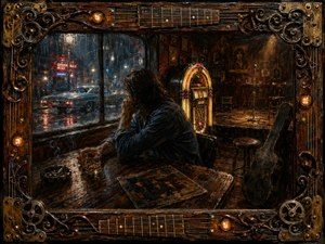 A solitary man sits in a dim, rain-soaked honky-tonk, gazing toward neon reflections beyond the window. Warm amber jukebox light contrasts with cool blue night tones, while whiskey, cigarette smoke, a guitar case, and empty stage deepen the melancholy. Rich painterly textures and an ornate musical frame evoke worn Southern-rock nostalgia.