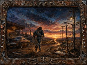 A lone denim-clad runner charges toward a glowing highway beyond a weathered industrial roadside, leaving a battered muscle car and open chain-link gate behind. Deep indigo skies, fiery orange sunset light, wet pavement reflections, and gritty oil-painted textures create a restless, defiant mood, enclosed by an ornate guitar-and-amplifier-inspired frame.