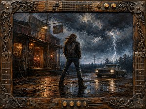A lone long-haired rocker stands defiantly before a storm-lashed Southern roadhouse, facing lightning, rain, and a waiting vintage pickup. Warm amber windows contrast with steel-blue clouds and wet reflections. Thick painterly textures, cracked earth, scattered debris, and an ornate guitar-and-metal frame create a gritty, handcrafted Southern rock atmosphere.