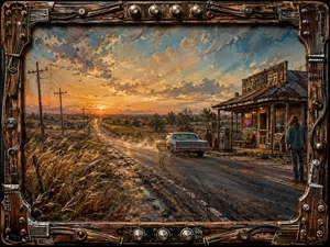 A weathered 1970s sedan travels a lonely Southern highway at sunset, passing a rustic roadside store as tall grasses bend in the wind. Golden-orange light, dusty blues, and deep browns create a restless, free-spirited mood. Thick oil-like brushwork and an intricate guitar-and-metal frame reinforce the vintage Southern rock atmosphere.