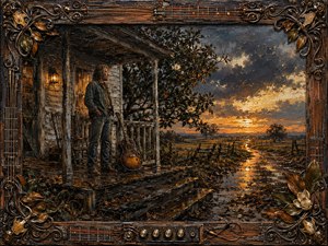 A weathered man stands quietly on a rain-darkened Southern porch beside a worn guitar, gazing toward a glowing horizon after a storm. Rich oil-and-encaustic textures, amber light, charcoal clouds, wet reflections, magnolia blossoms, and broken fences create a resilient, contemplative mood, framed by ornate wood, metal, strings, and amplifier hardware.
