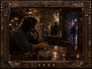 A brooding man sits alone in a worn Southern bar, staring toward a cracked mirror and rain-soaked doorway where a couple disappears into neon night. Warm amber light clashes with cold blues and reds, illuminating whiskey glasses, cigarettes, a wilted rose, smoky air, and richly textured oil-painted surfaces within an ornate guitar-inspired frame.