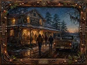A richly textured, hand-painted Southern roadhouse glows warmly on a cold Christmas evening as bundled figures approach through wet, reflective ground. Deep blues and weathered browns contrast with amber windows and festive lights. An old pickup, porch guitar, pine trees, and ornate wood-and-metal musical frame create a nostalgic, road-worn holiday atmosphere.