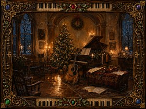 A richly detailed Christmas music room glows with warm candlelight, centered on a decorated tree, grand piano, weathered guitar, violin, and scattered sheet music. Cool blue winter windows contrast with amber wood and burgundy textiles. An ornate musical frame of piano keys, brass filigree, holly, strings, and jewel accents completes the nostalgic oil-painted scene.