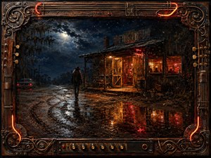 A lone traveler approaches a weathered Southern roadhouse on a rain-soaked night, drawn toward its glowing amber and red windows. Cool moonlit blues contrast with fiery reflections in muddy puddles. Rich oil-and-wax textures, stormy skies, looping tracks, insects, and an ornate guitar-and-amplifier frame create a brooding, magnetic Southern-rock atmosphere.