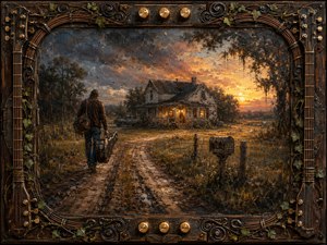 A weary traveler carrying a guitar case walks a muddy country road toward a warmly lit farmhouse beneath a dramatic sunset. Rich browns, amber gold, stormy blue-gray, and muted greens create a nostalgic Southern mood. Textured painterly brushwork, puddled earth, weathered architecture, vines, and an ornate guitar-inspired frame deepen the handcrafted atmosphere.