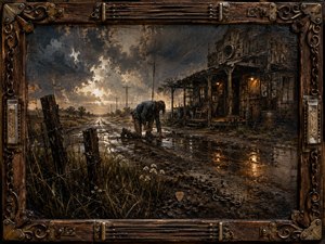 A weary figure struggles upright on a rain-soaked rural road beside a decaying roadside shack, surrounded by puddles, broken fencing, wildflowers, and storm-dark fields. Moody blues, muddy browns, and amber window light create a tense, resilient atmosphere. Thick impasto textures, weathered wood, rusted metal, chains, and guitar-string framing reinforce the handcrafted Southern rock aesthetic.