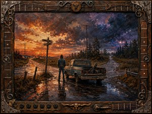 A lone traveler stands beside a weathered pickup at a rain-soaked rural crossroads beneath a divided stormy sky. Fiery orange sunset glows against deep violet clouds, reflecting across wet asphalt. Rich impasto textures, receding telephone poles, a guitar case, and an ornate wood-and-metal musical frame create a brooding Southern rock atmosphere.