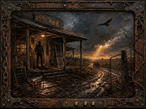 A lone shadowed man stands beneath a glowing porch lamp beside a weathered rural shack as a car disappears along a muddy road beneath storm-dark skies. Rich browns, iron grays, and amber light create a tense Southern mood. Heavy painterly textures and an ornate wood-and-metal musical frame deepen the atmosphere.